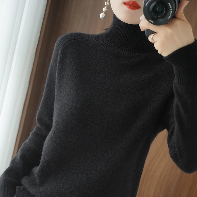 Fashion Basic Autumn Winter  Merino Wool Sweater Mock Neck Cashmere Pullover  Solid Color Soft Long Sleeve Clothing Tops