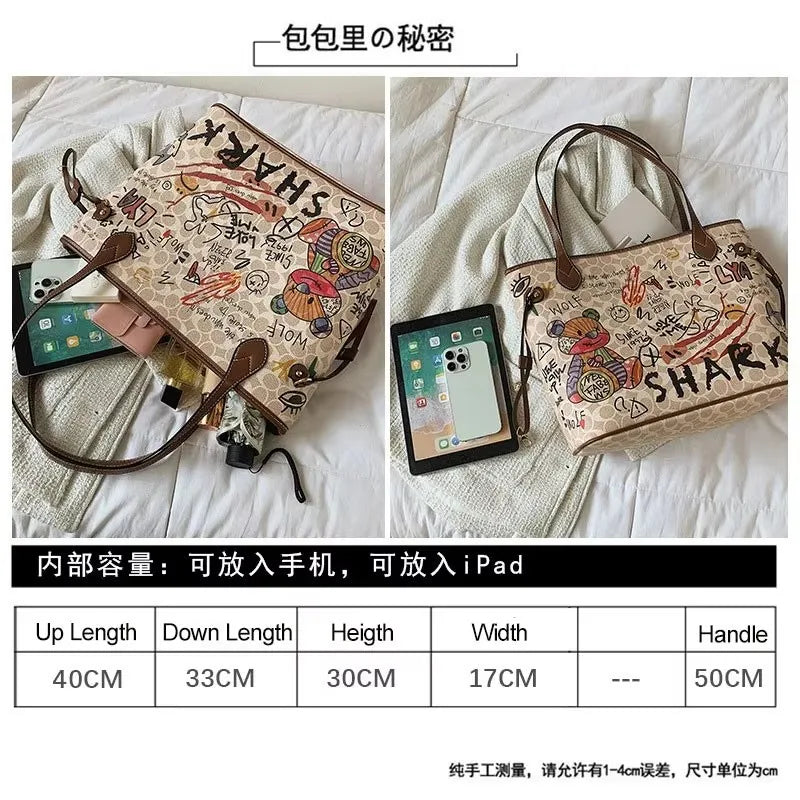 Cartoon Graffiti Women Bags 2023 Luxury Designer Bag Famous Brand Bear Print Leather Shoulder Bag Travel Tote Handbags Neverful