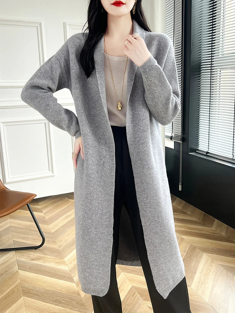 2024 Women Long Cardigan Cashmere Sweater Spring Autumn Winter Office Lady Loose Coat 100% Merino Wool Knitwear Korean Fashion