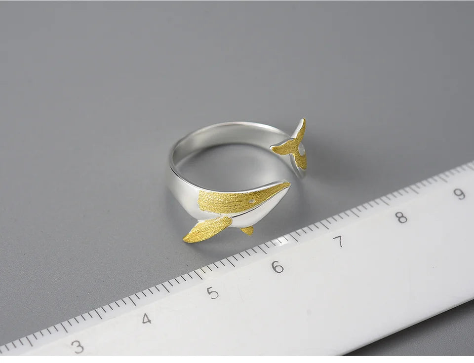 Lotus Fun 18K Gold Personality Whale Dating Adjustable Rings for Women Original 925 Sterling Silver Luxury Quality Fine Jewelry