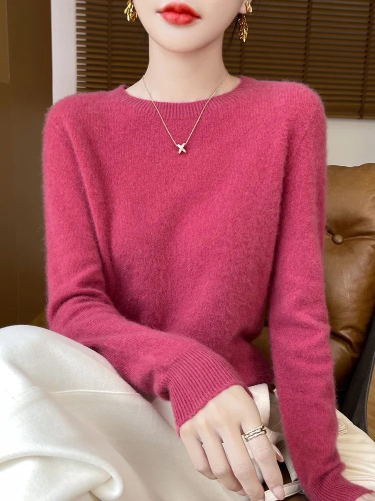 Autumn Winter Women Clothing O-Neck Pullover 100% Merino Wool Sweater New Fashion Cashmere Tops Bottoming Long Sleeve Knitwear