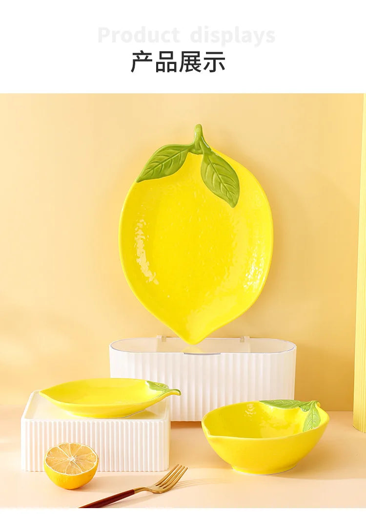 Creative Cartoon Lemon Shaped Ceramic Salad Bowl Soup Bowl Family Fruit Snack Plate Kitchen Utensils Accessories