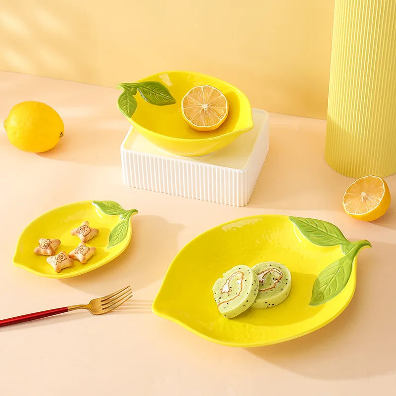 Creative Cartoon Lemon Shaped Ceramic Salad Bowl Soup Bowl Family Fruit Snack Plate Kitchen Utensils Accessories