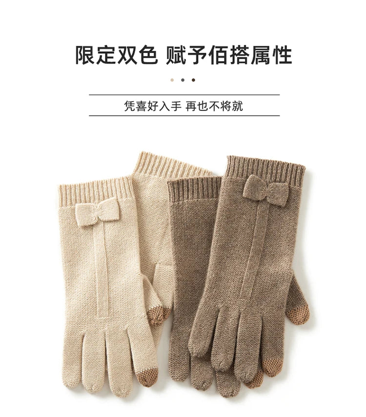 100% Real Cashmere Knitted Gloves Touchscreen Finger Women Autumn Winter Thick Cable Warm Wrist Length Classic Female Mitten