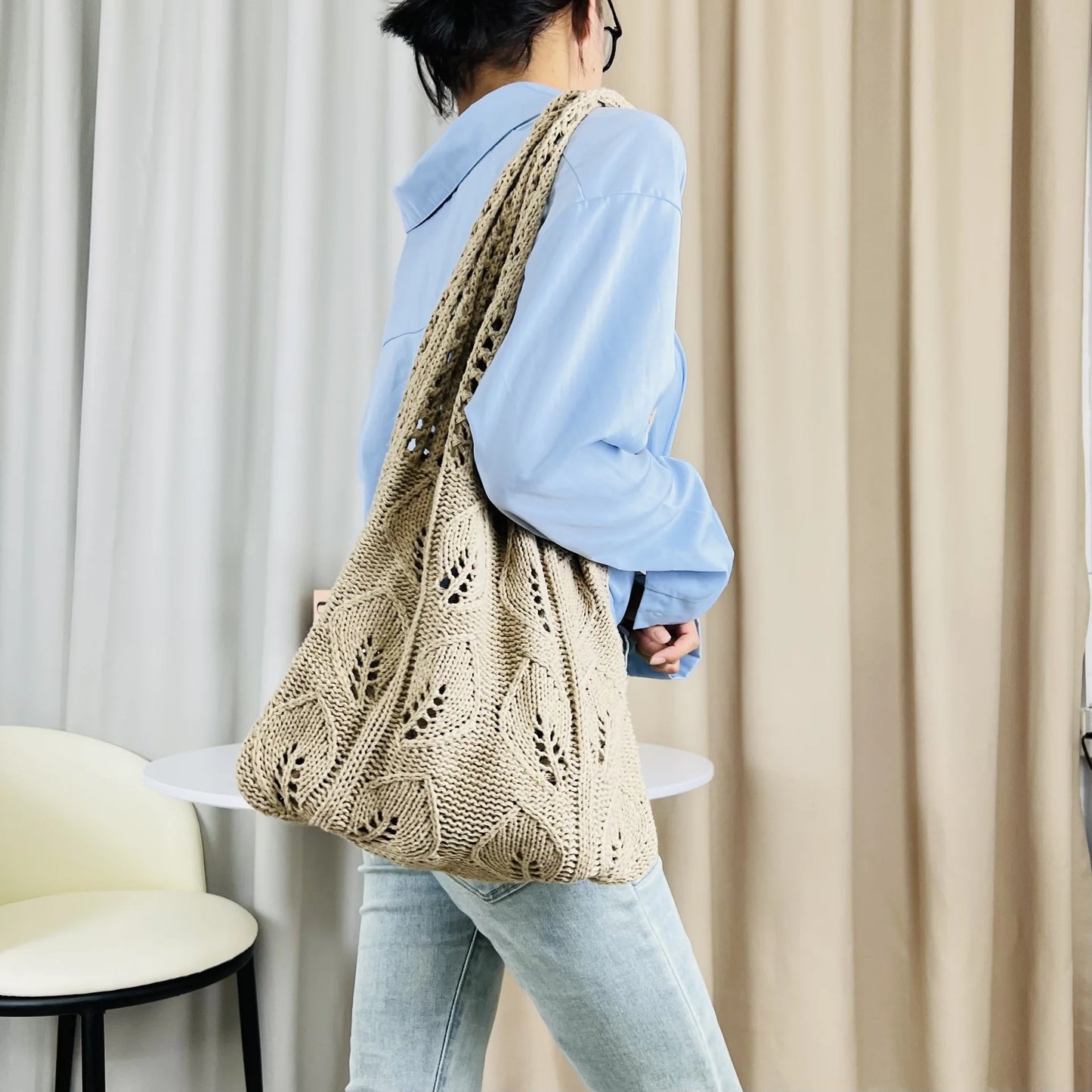 Knitted Handbags Beach Bags Lightweight Students Shoulder Casual Tote Female Style Shopping Woven Bags For Women Girls