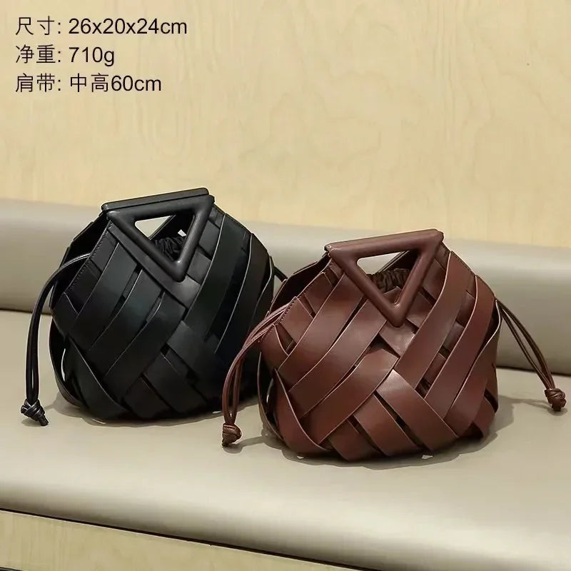 2024 New Arrival High Fashion Top-handle Brown Woven Shoulder Bags for Women with Hollow-out Design Unique Style Bucket bag