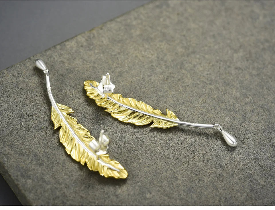 Lotus Fun 18K Gold Luxury Vintage Genuine 925 Sterling Silver Unusual Feather Earrings for Women Original Jewelry 2021 trend New