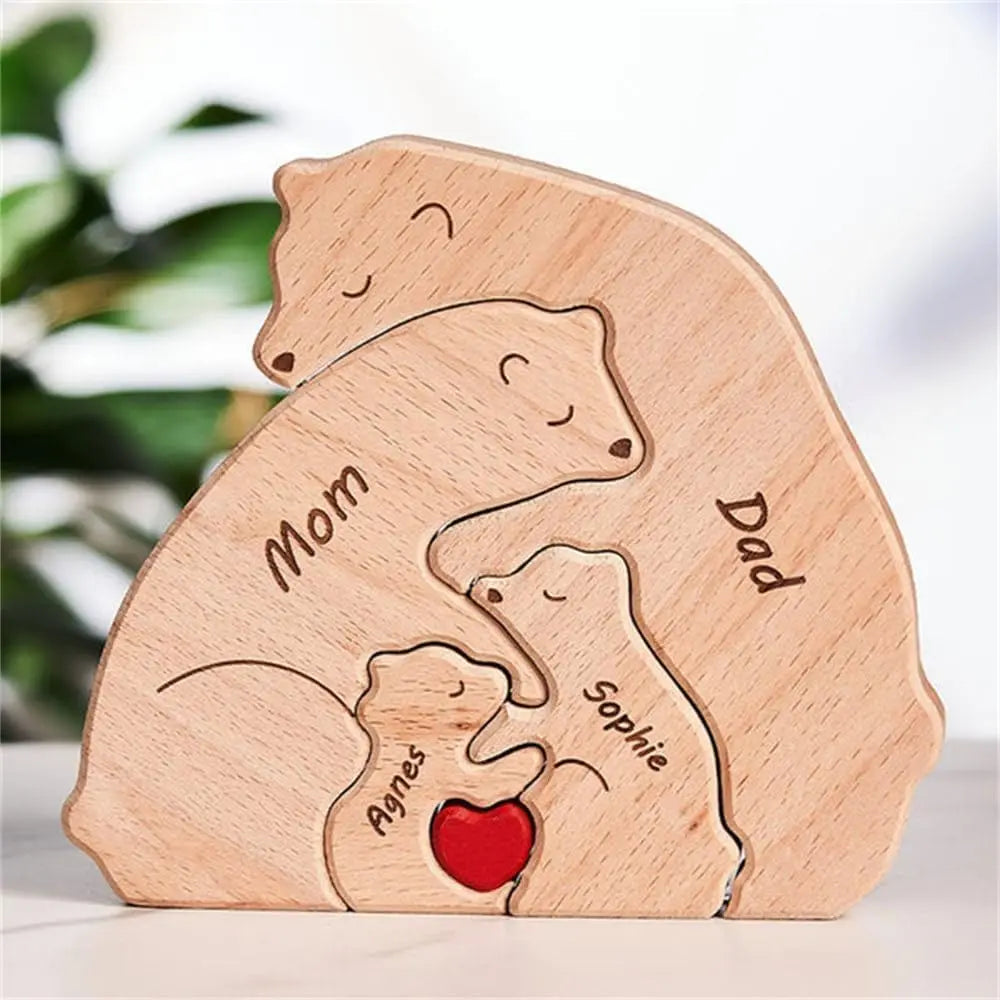 Name Personalized Custom Mother's Birthday Gift Family Names Sculpture Wood Puzzle Bear Family Heart Puzzles Home Decoration Valentines Gift