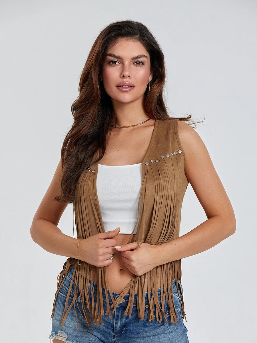 Women Fringe Vest Faux Suede Open Front Vintage Vest Sleeveless Hippie Clothes Boho Western Cowboy Style Short Jacket