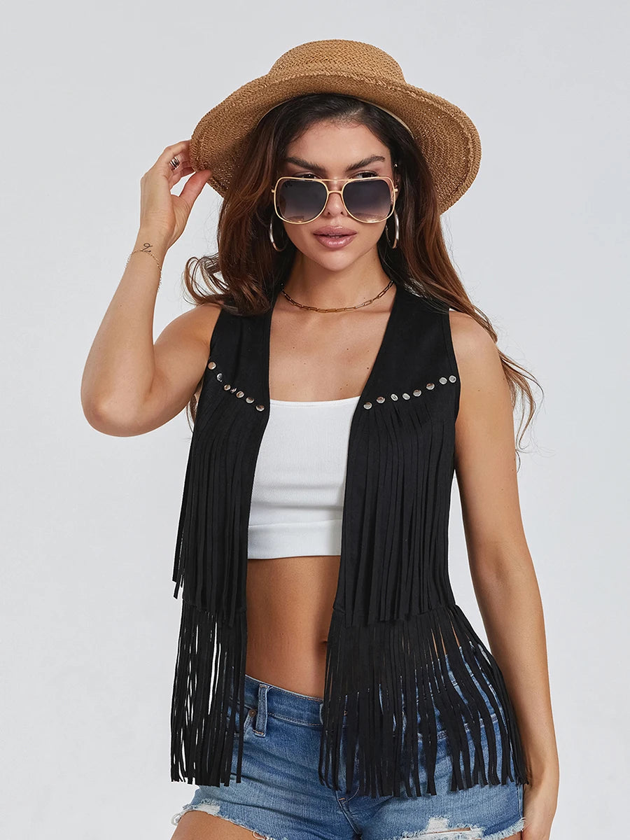 Women Fringe Vest Faux Suede Open Front Vintage Vest Sleeveless Hippie Clothes Boho Western Cowboy Style Short Jacket