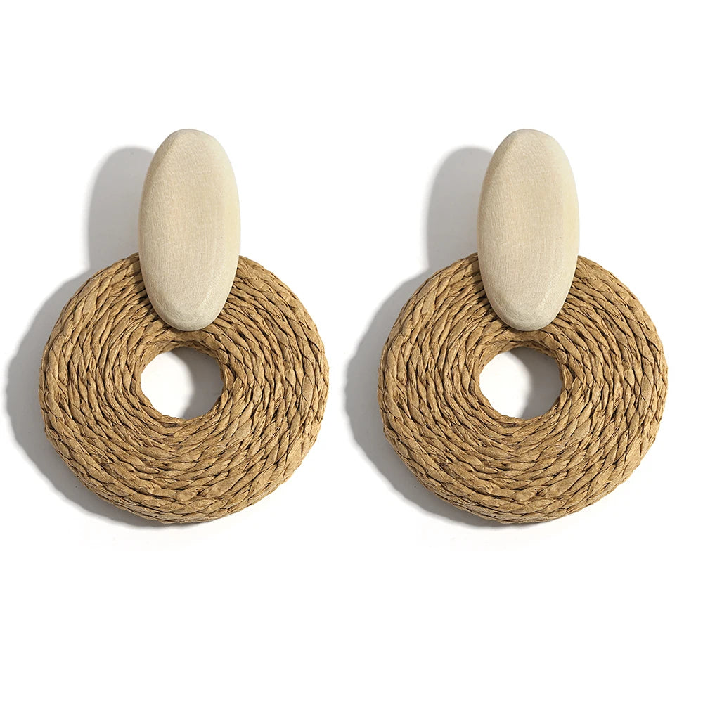 AENSOA Bohemia Handmade Raffia Rattan Braid Wooden Big Large Drop Earrings for Women Boho Jewelry Exaggerated Ethnic Earring