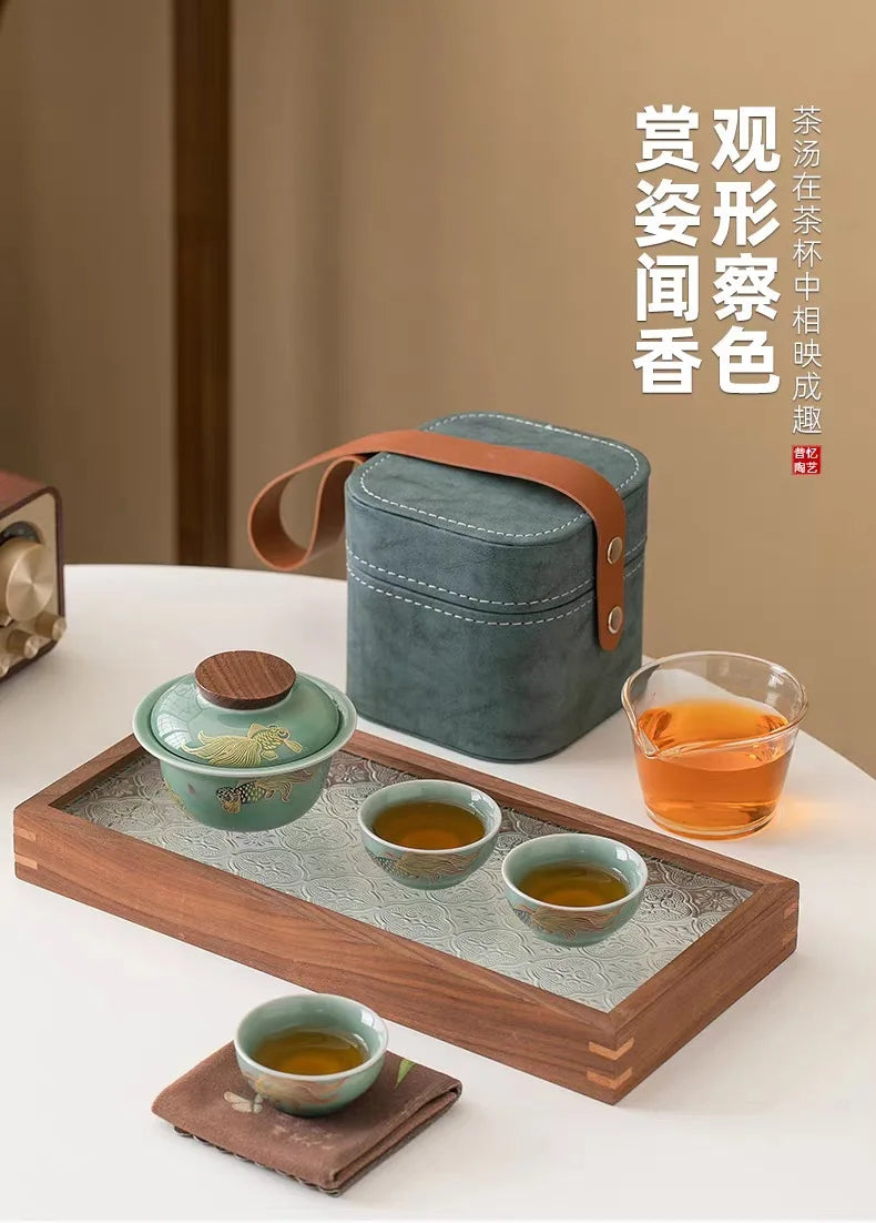 Chinese Style Travel Tea Set, Celadon Cover Bowl Small Set, One Pot, Three Cups, Fast Customer Cup, Portable Kung Fu Tea Maker