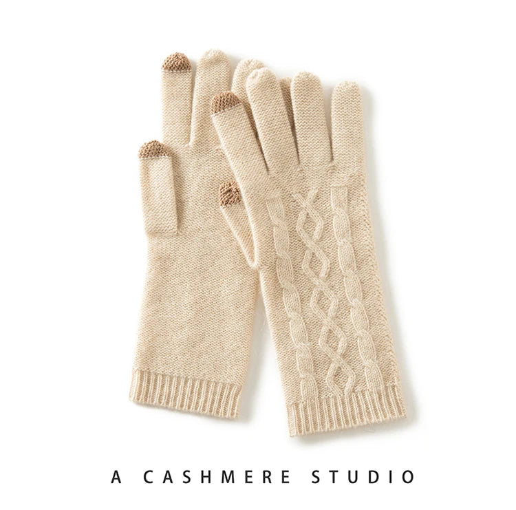 100% Real Cashmere Knitted Gloves Touchscreen Finger Women Autumn Winter Thick Cable Warm Wrist Length Classic Female Mitten