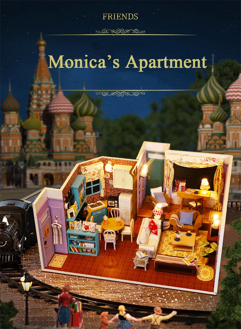 DIY Wooden Joey‘s Apartment Casa Miniature Building Kits Bookend With Lights Assembled Bookshelf Home Decoration Friends Gifts