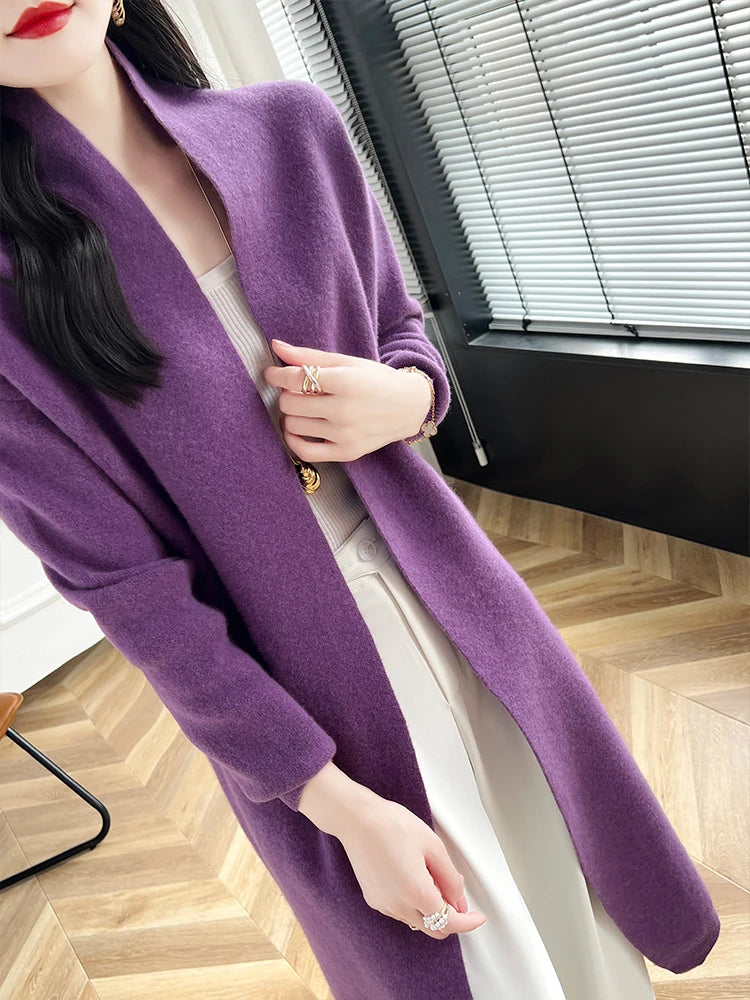 2024 Women Long Cardigan Cashmere Sweater Spring Autumn Winter Office Lady Loose Coat 100% Merino Wool Knitwear Korean Fashion