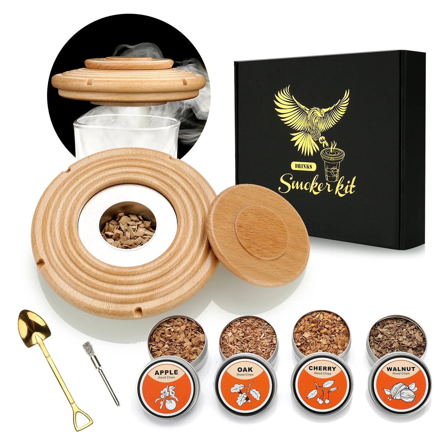 Cocktail Smoker Kit,Smoking Set with 4 Wood Chips,Old Fashioned Whiskey Smoker Drinks Kit,Cocktail Accessories for Whiskey,Drink