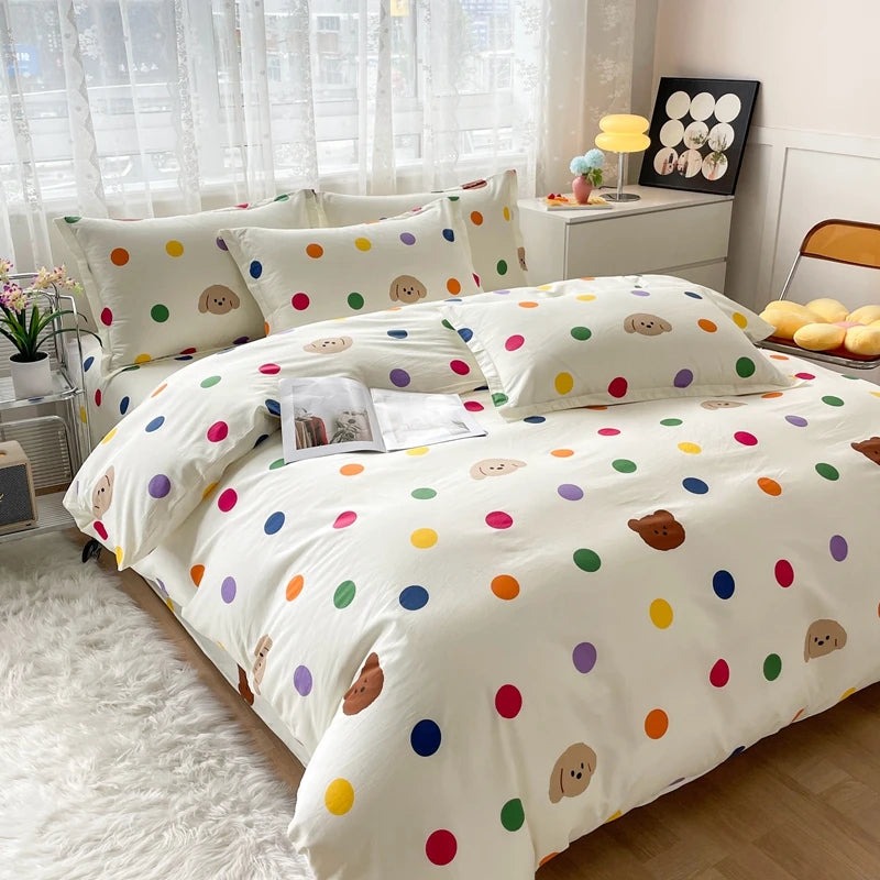 Colorful Polka Dot Cotton Duvet Cover Set with Zipper Cute Bear Bedding Sets for Men & Women, Luxury Reversible Comforter Covers