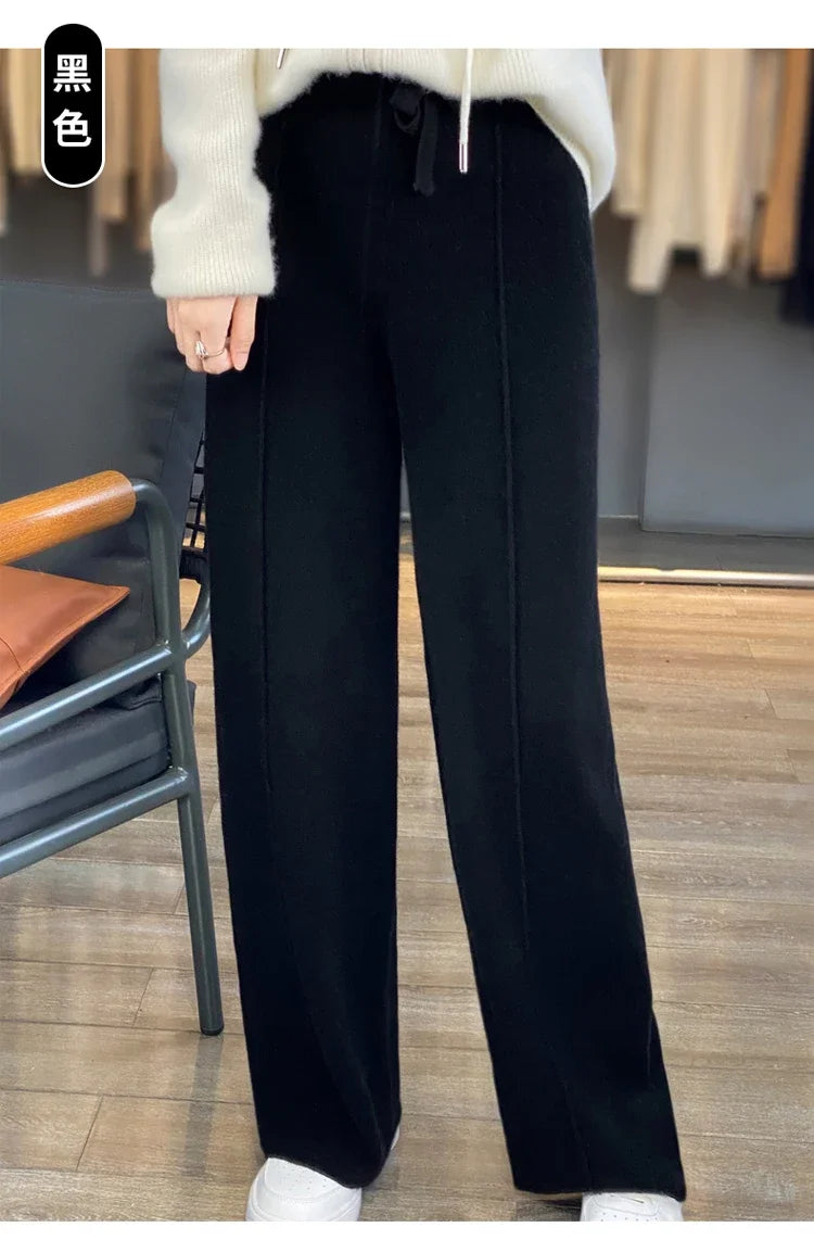 Wool Knitted Wide Leg Pants Women Autumn Winter Thickened High Waist Drip Feeling Cashmere Pants Coffee Straight Casual Pants