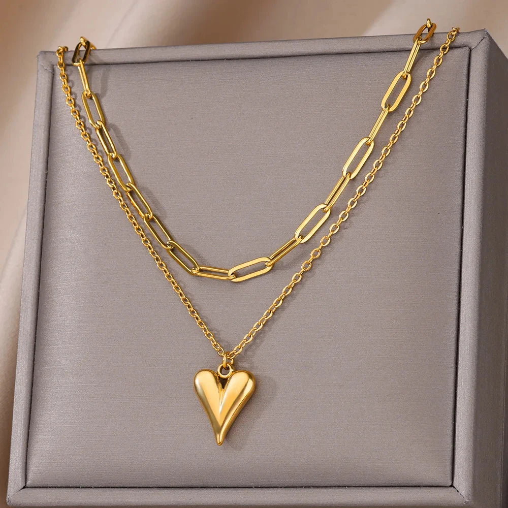 Punk Gold Color Heart Pendant Necklace for Women Stainless Steel OT Buckle Beaded Neck Chain Choker Y2K Jewelry Accessories