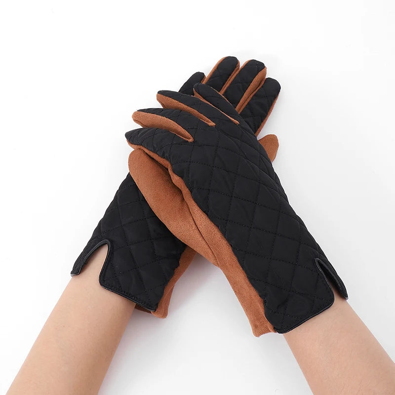 Women's Contrasting Suede Leather Plus Velvet Thicken Touch Screen Driving Warm Gloves For Sports Winter Outdoor Ski Coldproof