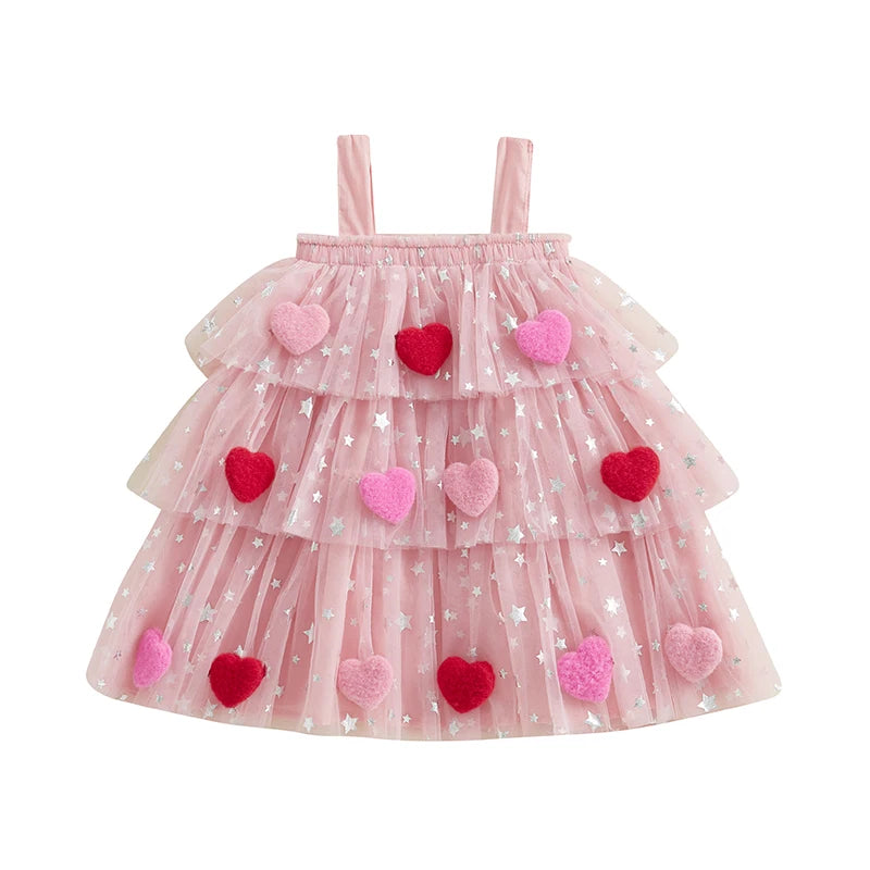 Kids Girl Fashion Valentine Day Dress Star Print Square Neck Sleeveless Layered Tulle Dress with 3D Heart for 1-9 Years Valentines Gift