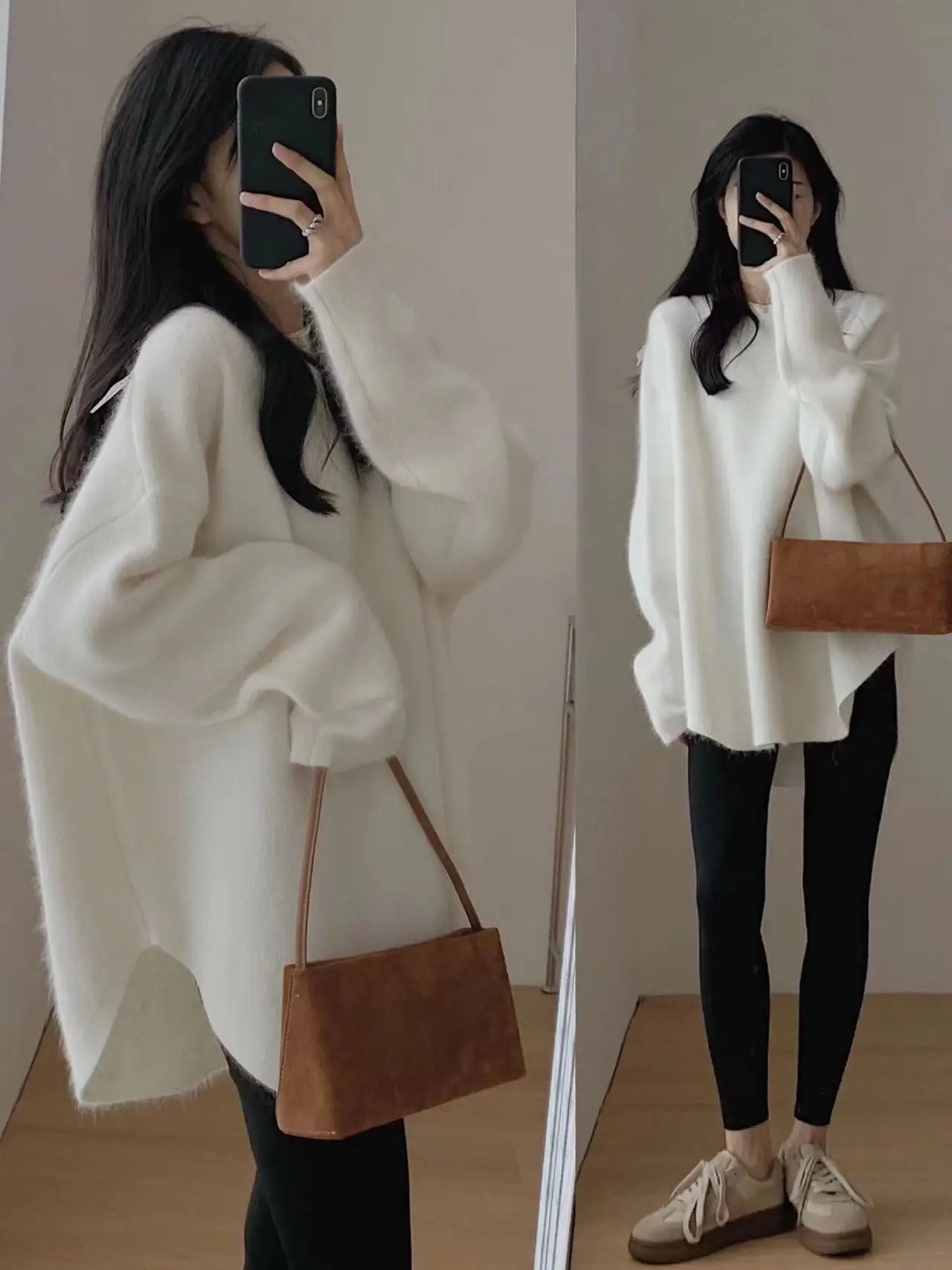 Korean women's mid to long pure wool pullover knitted sweater autumn winter 2024, fashionable and loose large size cashmere tops