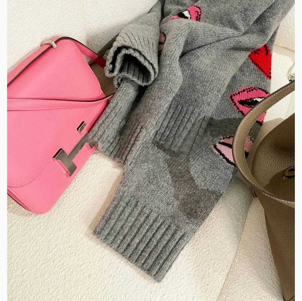 Autumn And Winter New Wool Pullover Women's Round Neck Loose Set Love Lips Sweater Cashmere Knit Bottoming Shirt