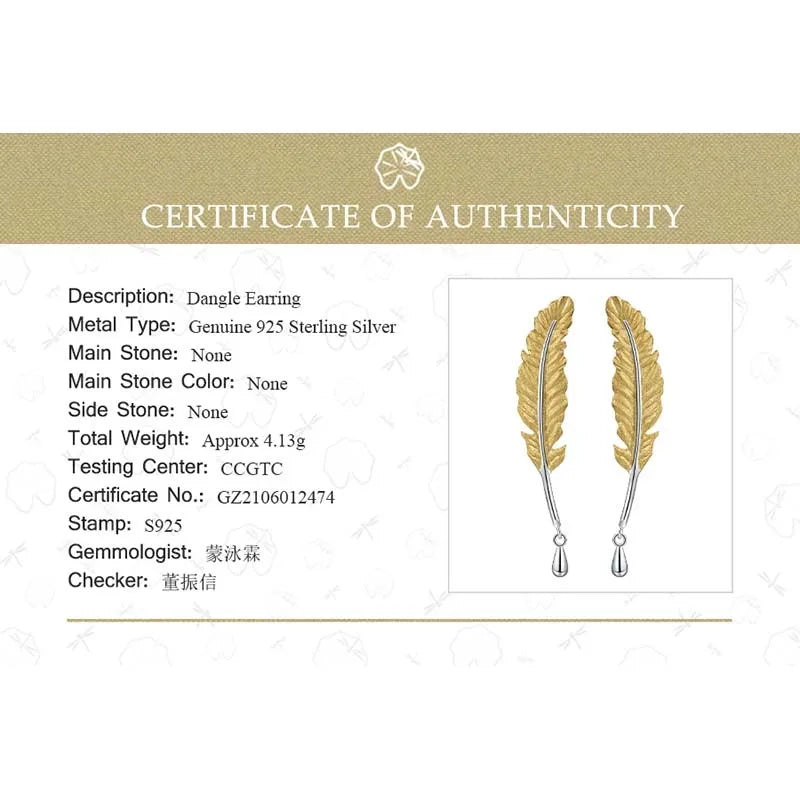 Lotus Fun 18K Gold Luxury Vintage Genuine 925 Sterling Silver Unusual Feather Earrings for Women Original Jewelry 2021 trend New