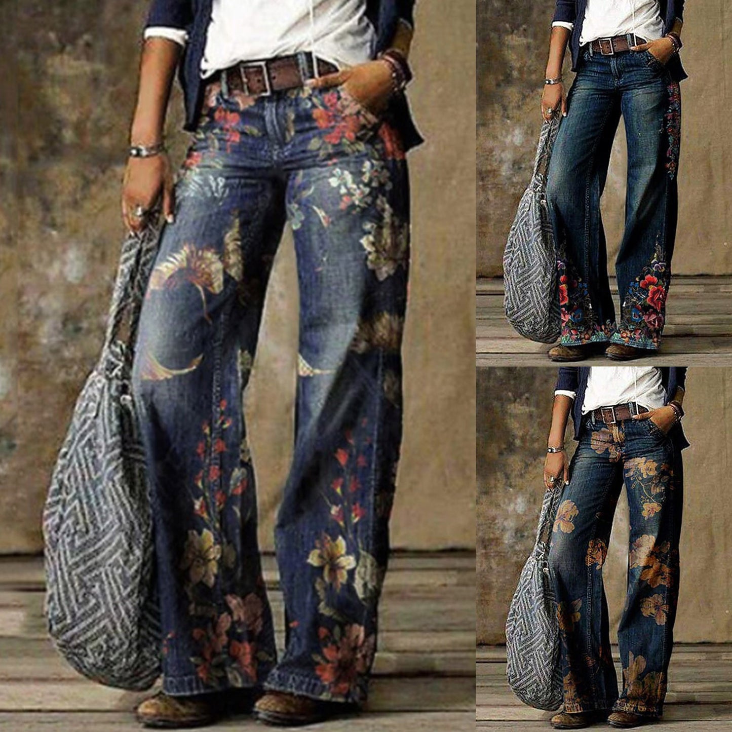 Retro Jeans Women Loose Wide Leg Pants Floral Print Denim Trousers Streetwear Pantalones Harajuku Baggy Jeans джинсы женский