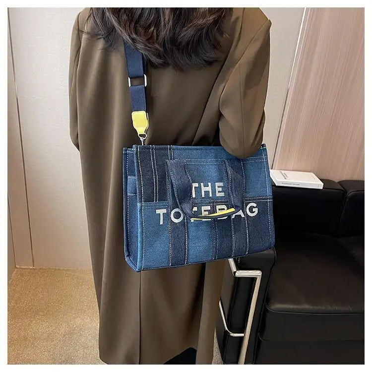 High-capacity Letter Print Underarm Bag Women Y2k New Trendy Fashion Shoulder Handbags Contrast Color Patchwork Denim Tote Bags