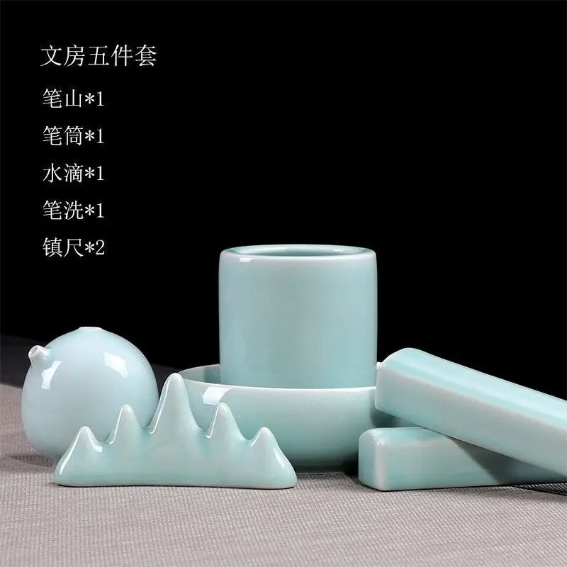 Royal Ming Celadon Study Four Treasures Set Calligraphy Supplies Pen Holder Paperweight Wash Adult