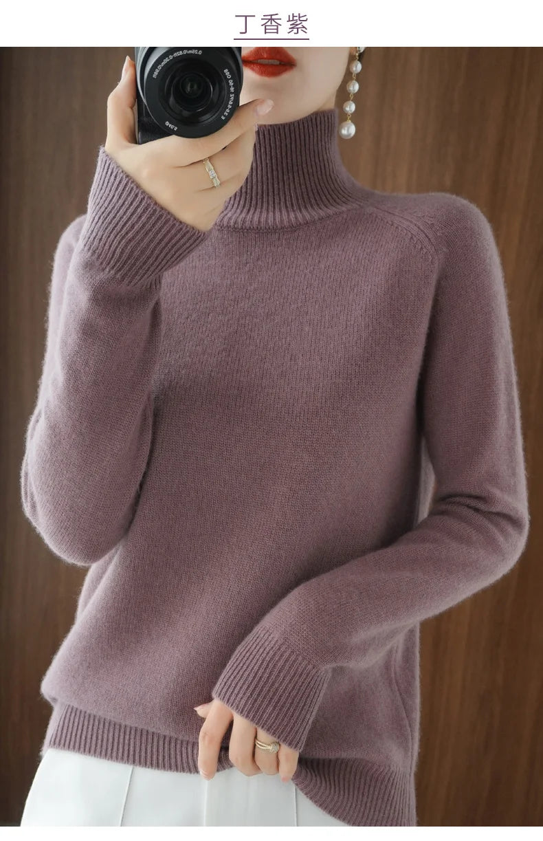 Fashion Basic Autumn Winter  Merino Wool Sweater Mock Neck Cashmere Pullover  Solid Color Soft Long Sleeve Clothing Tops