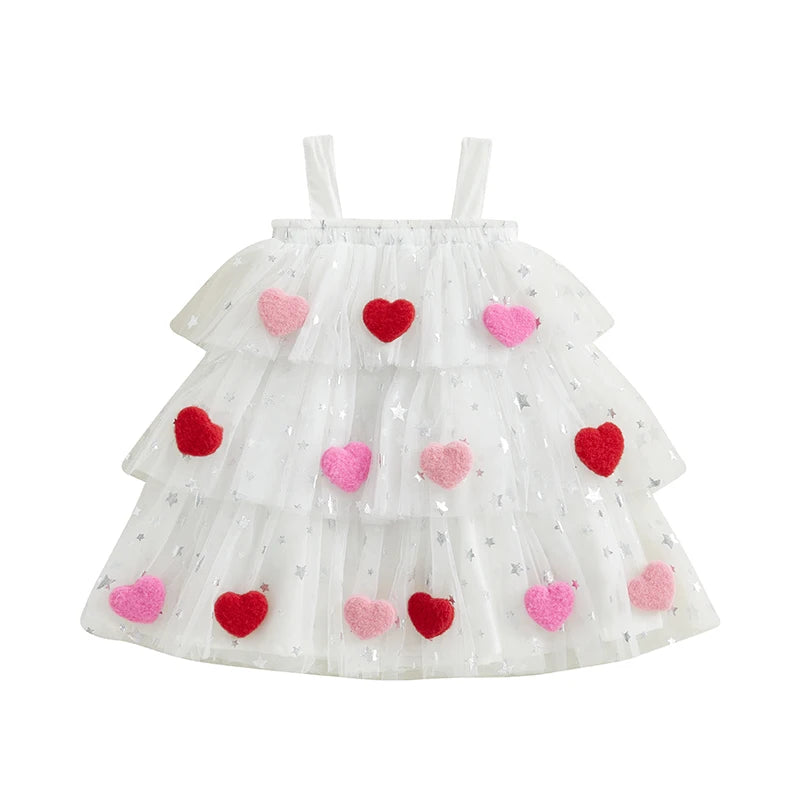 Kids Girl Fashion Valentine Day Dress Star Print Square Neck Sleeveless Layered Tulle Dress with 3D Heart for 1-9 Years Valentines Gift