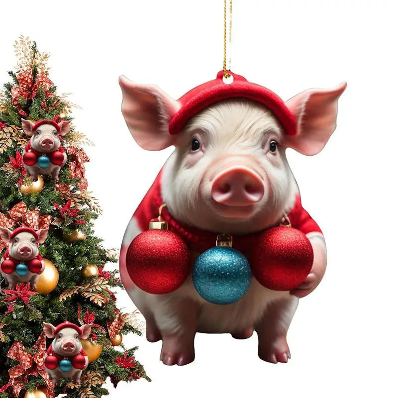 2D Acrylic Funny Pig Pendant With Lanyard Cute Cartoon Christmas Ornaments For Trees Doors Party Supplies Home Decoration