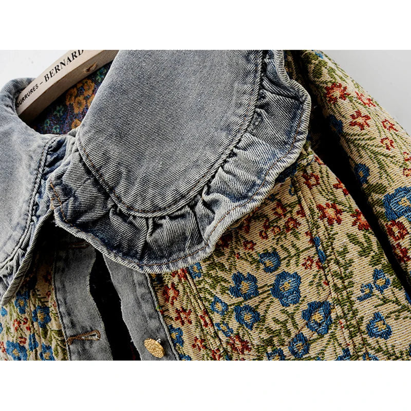 Spring Fashion Jacquard Embroidery Denim Jacket Women Loose Short Blue Cowboy Outwear Peter Pan Collar Jeans Jacket Coat Female