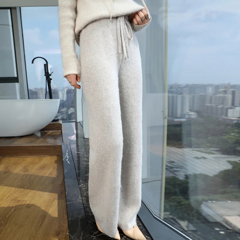 2024 Autumn/Winter New Mink Cashmere Wide Leg Pants for Women, Thickened, Warm, Loose, High Waist Strap up Vertical Casual Pants