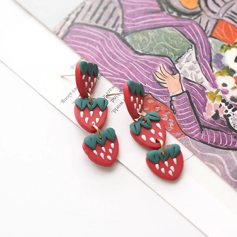 Handmade Multi Colors Pop Cute Long Small Size Light Weighted Fruit Heart Pattern Polymer Clay Earrings Sets Stud For Summer