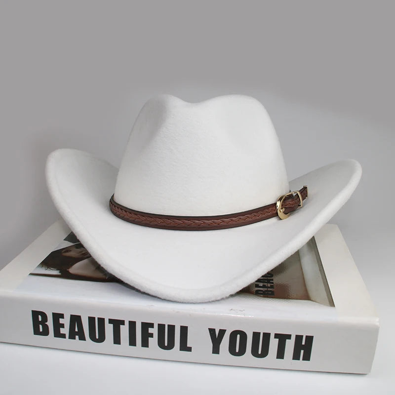 Coffee Leather Band Vintage Parent-child Women Men /Kid Child Wool Wide Brim Cowboy Western Hat Cowgirl Bowler Cap (54-57-61cm)