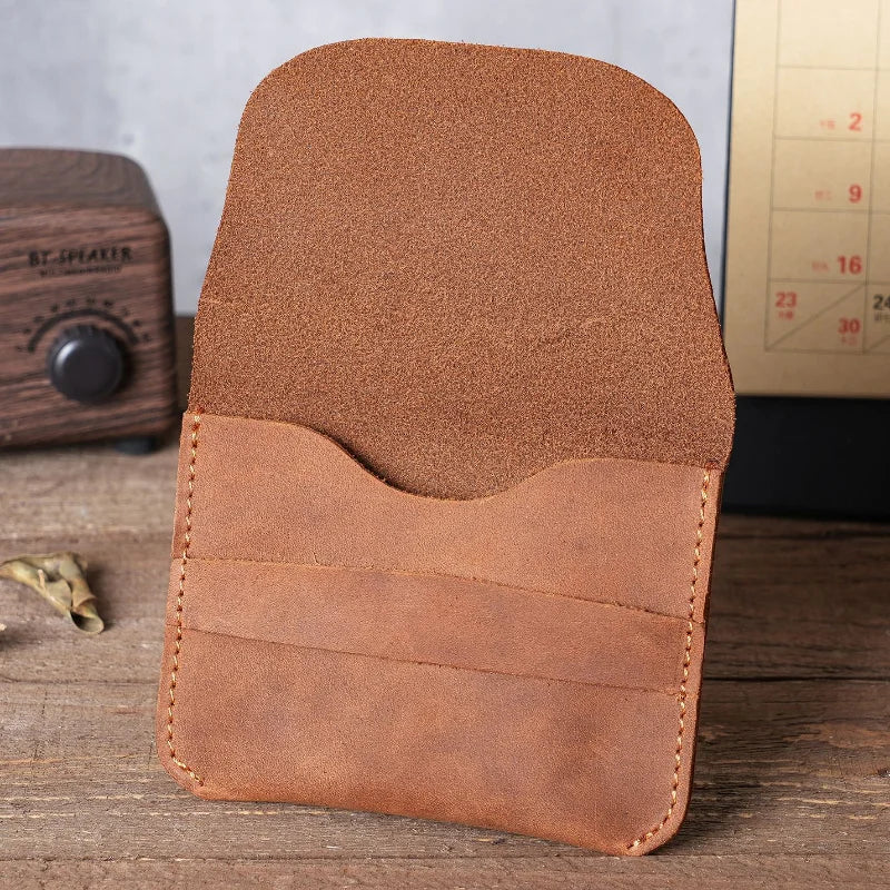 Simple Genuine Leather Card Holder Creative Retro Casual Mini Purse Wallet Crazy Horse Leather Small Business Cards Storage Case