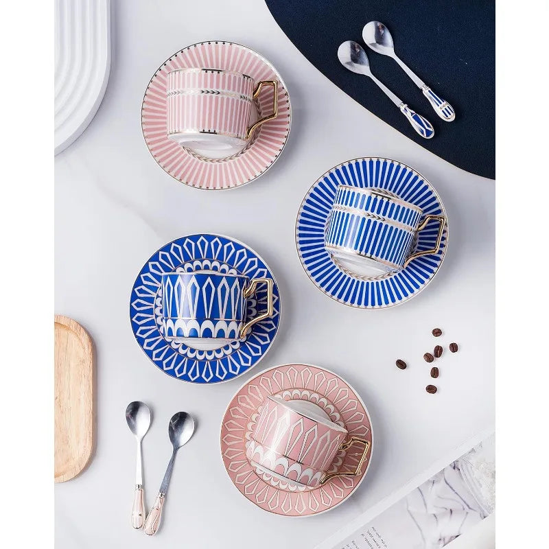 Set of 4 Elegant Modern Blue And Pink 7.4 oz Teacups and Saucers Set-Coffee Cup with Sauce and spoons(Blue/Pink, Serve of 4)