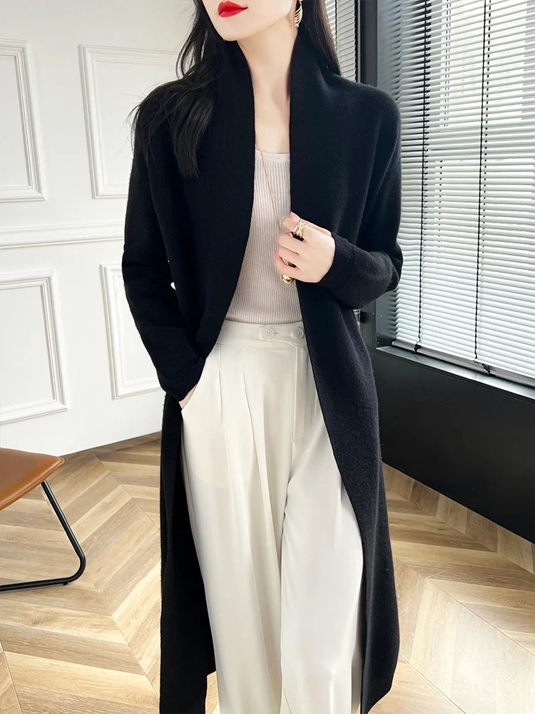 2024 Women Long Cardigan Cashmere Sweater Spring Autumn Winter Office Lady Loose Coat 100% Merino Wool Knitwear Korean Fashion