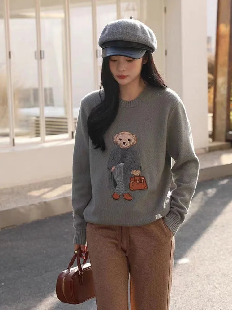 Rl Fall/Winter Cashmere Unisex Pullover Sweater Fashionable Casual Loose Fit O-Neck Knit Lauren Bear Women's Sweater 2024 New