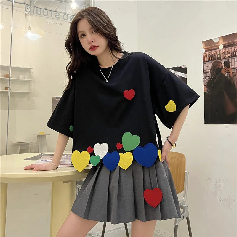 Summer Women Casual Loose Short T-shirt O-Neck Short-sleeved Colorful Love Heart Appliques Tshirt Teenagers Kawaii Tee Tops