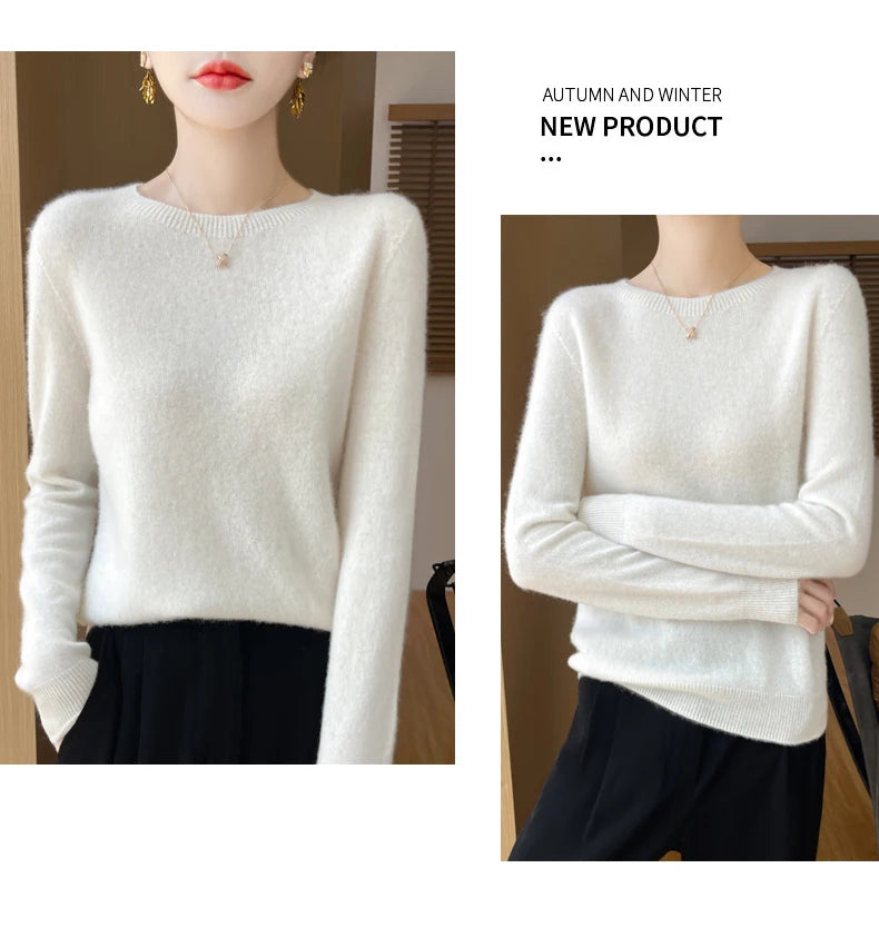 Autumn Winter Women Clothing O-Neck Pullover 100% Merino Wool Sweater New Fashion Cashmere Tops Bottoming Long Sleeve Knitwear