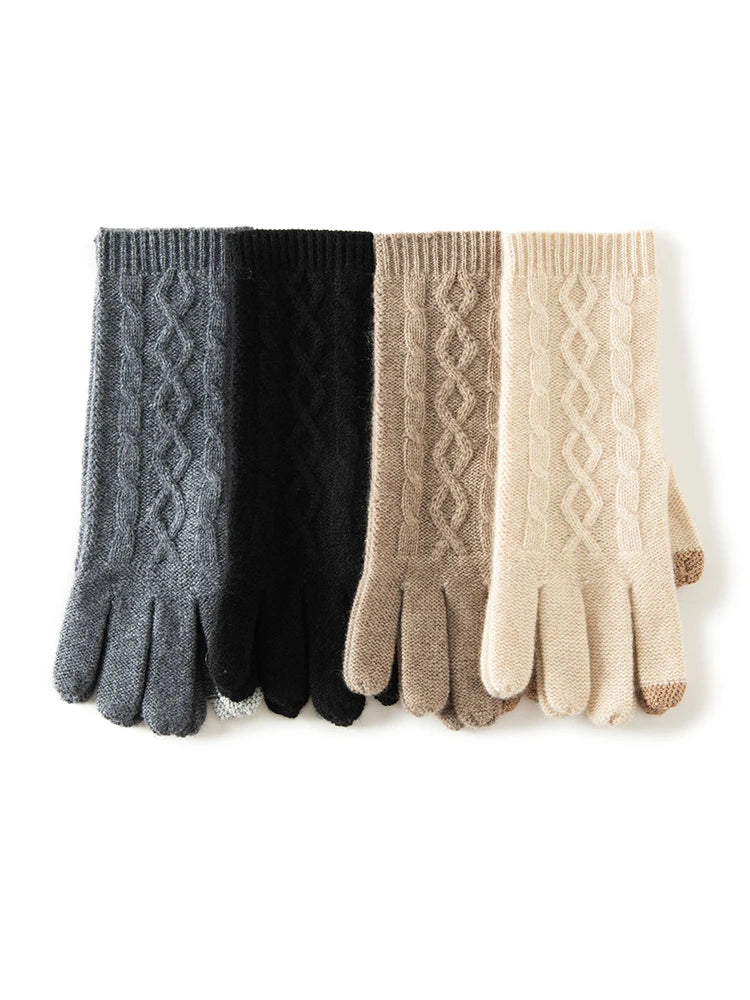 100% Real Cashmere Knitted Gloves Touchscreen Finger Women Autumn Winter Thick Cable Warm Wrist Length Classic Female Mitten