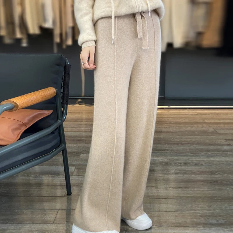 Women's Cashmere Pants 100% Merino Wool Broadfoot Pants Women's Knit Loose Knit Pants Fall/Winter 2024 Women's Thick Pants