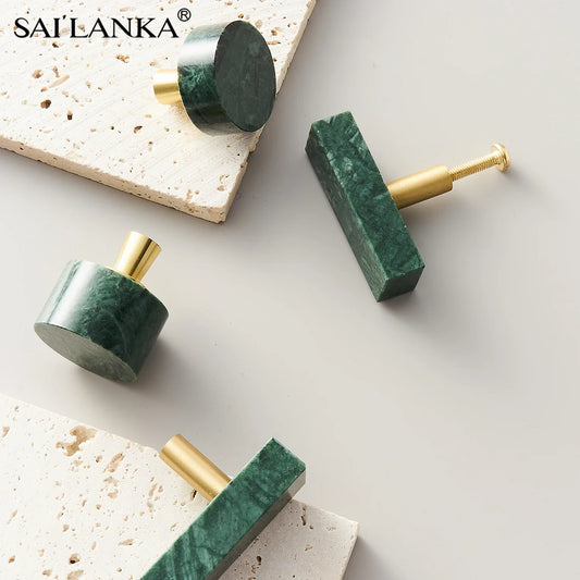 SAILANKA Brass Furniture Handles Marble Nordic Cabinet Handle Kitchen Bedroom Round Drawer Knobs Natural Stone Knob Hardware