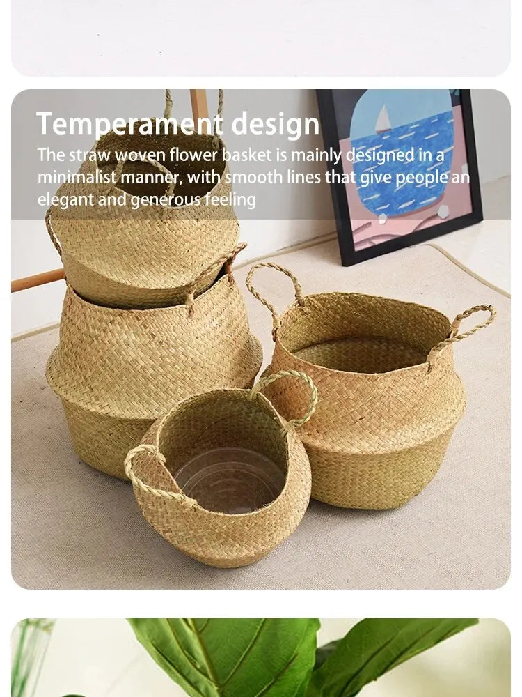 1pc Nordic Style Seaweed Wicker Basket for Home Storage - Perfect for Dirty Clothes, Plants, and Sundries - Hanging Decor Basket