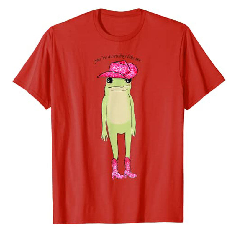 You're A Cowboy Like Me Funny Frog Pink Cowboy-Hat Cowgirl T-Shirt Western Country Southern Style Graphic Tee Tops Cute Outfits