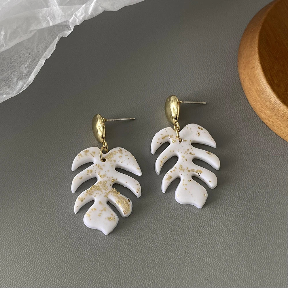 AENSOA Handmade White Rattan Knit Braided Tassel Earrings for Women Geometric Wooden Polymer Clay Leaf Drop Earrings Jewelry